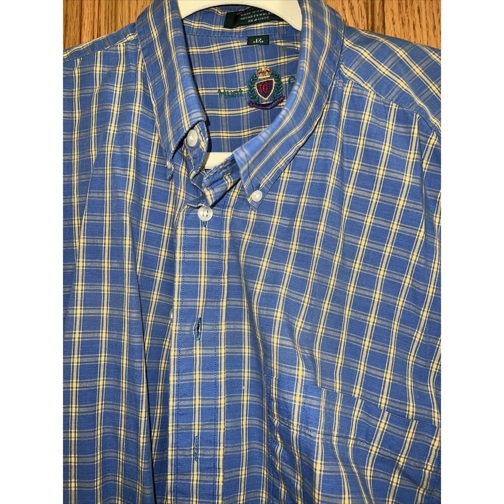 Hunt Club Mens Plaid Button Front Long Sleeve Shirt  XL 17” Cotton Blue Plaid